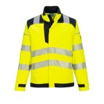 A high-visibility yellow jacket featuring retroreflective tape panels, flame-resistant fabric, suitable for a wide range of outdoor and site work applications.