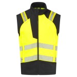 A high-visibility yellow vest featuring retroreflective tape panels, flame-resistant fabric, suitable for a wide range of outdoor and site work applications.