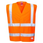 A high-visibility orange vest featuring retroreflective tape panels, flame-resistant fabric, suitable for a wide range of outdoor and site work applications.