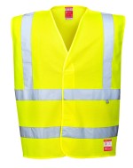 A high-visibility yellow vest featuring retroreflective tape panels, flame-resistant fabric, suitable for a wide range of outdoor and site work applications.