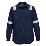 A navy blue work shirt featuring flame-resistant fabric, suitable for a wide range of outdoor and site work applications.