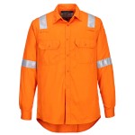 A orange work shirt featuring flame-resistant fabric, suitable for a wide range of outdoor and site work applications.