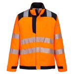 A orange jacket featuring flame-resistant fabric, suitable for a wide range of outdoor and site work applications.