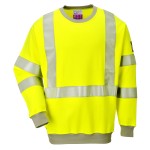 A high-visibility yellow work shirt featuring retroreflective tape panels, flame-resistant fabric, suitable for a wide range of outdoor and site work applications.