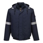 A navy blue padded jacket featuring a warm thermal lining, flame-resistant fabric, suitable for a wide range of outdoor and site work applications.