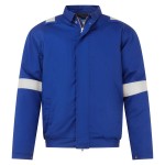 A blue padded jacket featuring a warm thermal lining, flame-resistant fabric, suitable for a wide range of outdoor and site work applications.