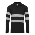 A black polo shirt featuring flame-resistant fabric, suitable for a wide range of outdoor and site work applications.