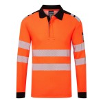 A black polo shirt featuring flame-resistant fabric, suitable for a wide range of outdoor and site work applications.