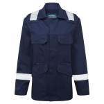 A women's navy blue jacket featuring flame-resistant fabric, suitable for a wide range of outdoor and site work applications.