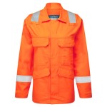 A women's orange jacket featuring flame-resistant fabric, suitable for a wide range of outdoor and site work applications.