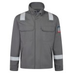A grey jacket featuring flame-resistant fabric, suitable for a wide range of outdoor and site work applications.