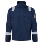 A navy blue jacket featuring flame-resistant fabric, suitable for a wide range of outdoor and site work applications.