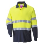 A high-visibility yellow polo shirt featuring retroreflective tape panels, flame-resistant fabric, suitable for a wide range of outdoor and site work applications.