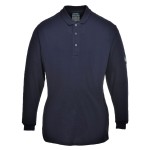 A women's navy blue polo shirt featuring flame-resistant fabric, suitable for a wide range of outdoor and site work applications.