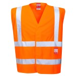 A high-visibility orange vest featuring retroreflective tape panels, flame-resistant fabric, suitable for a wide range of outdoor and site work applications.