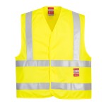 A high-visibility yellow vest featuring retroreflective tape panels, flame-resistant fabric, suitable for a wide range of outdoor and site work applications.