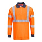 A orange polo shirt featuring flame-resistant fabric, suitable for a wide range of outdoor and site work applications.