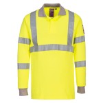 A high-visibility yellow polo shirt featuring retroreflective tape panels, flame-resistant fabric, suitable for a wide range of outdoor and site work applications.