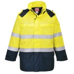 A high-visibility yellow waterproof jacket featuring retroreflective tape panels, flame-resistant fabric, suitable for a wide range of outdoor and site work applications.
