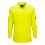 A yellow polo shirt featuring flame-resistant fabric, suitable for a wide range of outdoor and site work applications.