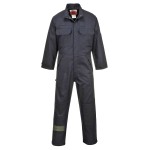 A navy blue coverall featuring flame-resistant fabric, suitable for a wide range of outdoor and site work applications.