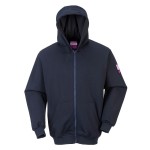 A navy blue work shirt featuring a full-length zip front, flame-resistant fabric, suitable for a wide range of outdoor and site work applications.