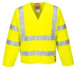 A high-visibility yellow vest featuring retroreflective tape panels, flame-resistant fabric, suitable for a wide range of outdoor and site work applications.