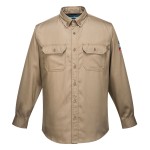 A khaki work shirt featuring flame-resistant fabric, suitable for a wide range of outdoor and site work applications.