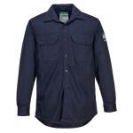 A navy blue work shirt featuring flame-resistant fabric, suitable for a wide range of outdoor and site work applications.