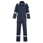 A navy blue coverall featuring flame-resistant fabric, suitable for a wide range of outdoor and site work applications.