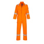 A orange coverall featuring flame-resistant fabric, suitable for a wide range of outdoor and site work applications.