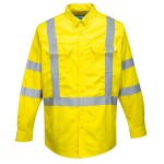 A high-visibility yellow work shirt featuring retroreflective tape panels, flame-resistant fabric, suitable for a wide range of outdoor and site work applications.