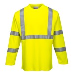 A high-visibility yellow work shirt featuring retroreflective tape panels, flame-resistant fabric, suitable for a wide range of outdoor and site work applications.
