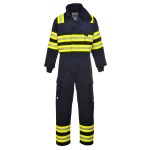 A navy blue coverall featuring flame-resistant fabric, suitable for a wide range of outdoor and site work applications.