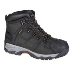 A black leather safety boot with an anti-slip sole and padded collar, designed for comfort and protection during extended site work.