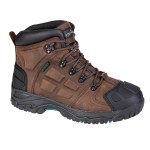A brown leather safety boot with an anti-slip sole and padded collar, designed for comfort and protection during extended site work.