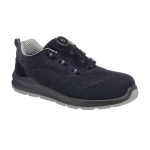 A black safety trainer with a composite toecap, a cushioned insole, and a lightweight anti-slip sole, suitable for lighter-duty site work.