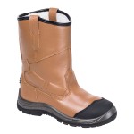 A tan composite safety boot with an anti-slip sole and padded collar, designed for comfort and protection during extended site work.