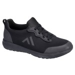 A black safety trainer with a composite toecap, a cushioned insole, and a lightweight anti-slip sole, suitable for lighter-duty site work.
