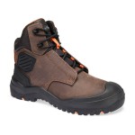 A brown leather safety boot with an anti-slip sole and padded collar, designed for comfort and protection during extended site work.