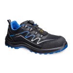 A black safety trainer with a composite toecap, a cushioned insole, and a lightweight anti-slip sole, suitable for lighter-duty site work.