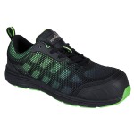A black safety trainer with a composite toecap, a cushioned insole, and a lightweight anti-slip sole, suitable for lighter-duty site work.