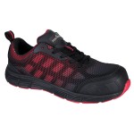 A black safety trainer with a composite toecap, a cushioned insole, and a lightweight anti-slip sole, suitable for lighter-duty site work.