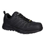 A black safety trainer with a composite toecap, a cushioned insole, and a lightweight anti-slip sole, suitable for lighter-duty site work.