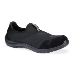 A black safety trainer with a composite toecap, a cushioned insole, and a lightweight anti-slip sole, suitable for lighter-duty site work.