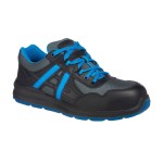 A black safety trainer with a composite toecap, a cushioned insole, and a lightweight anti-slip sole, suitable for lighter-duty site work.