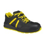 A black safety trainer with a composite toecap, a cushioned insole, and a lightweight anti-slip sole, suitable for lighter-duty site work.