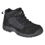 A black composite safety boot with an anti-slip sole and padded collar, designed for comfort and protection during extended site work.