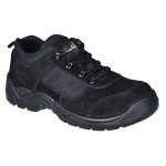 A black safety trainer with a composite toecap, a cushioned insole, and a lightweight anti-slip sole, suitable for lighter-duty site work.