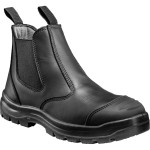 A black leather safety boot with an anti-slip sole and padded collar, designed for comfort and protection during extended site work.